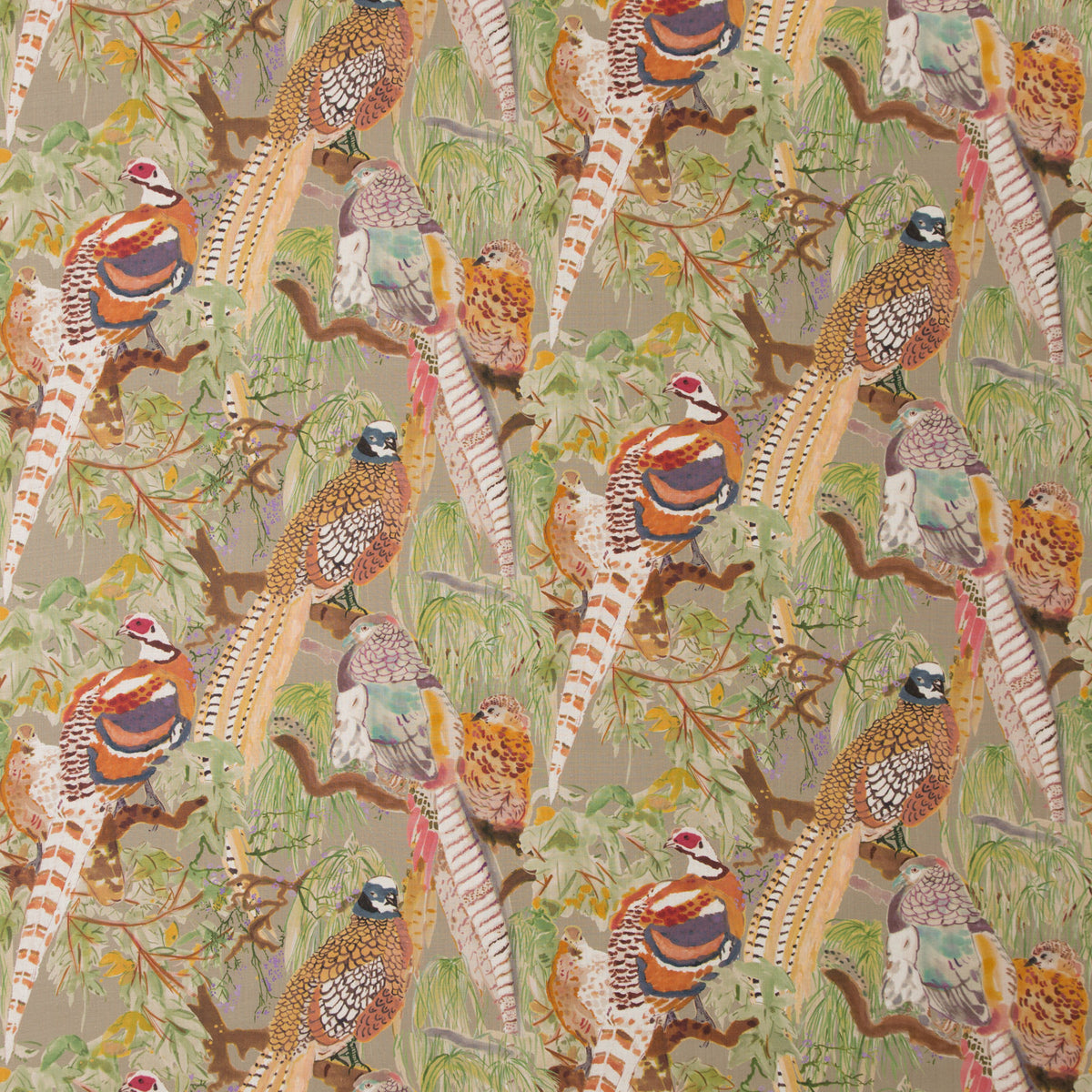 Game Birds Linen - Stone/Multi - FD269.K102.0 - Mulberry Fabric