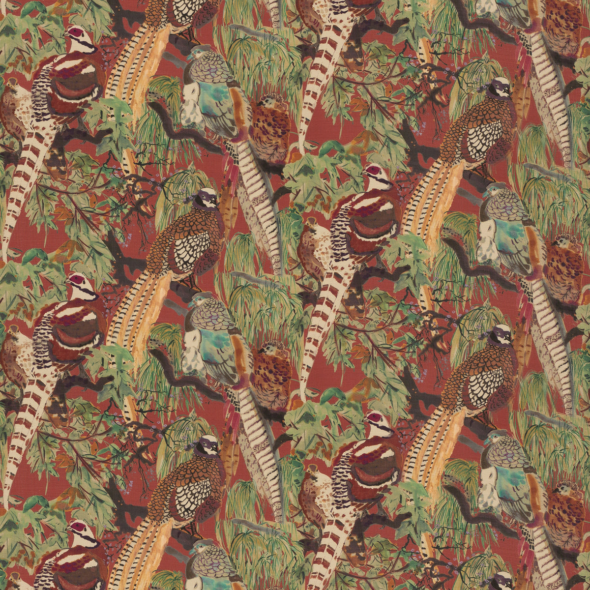Game Birds Linen - Red/Plum - FD269.V54.0 - Mulberry Fabric