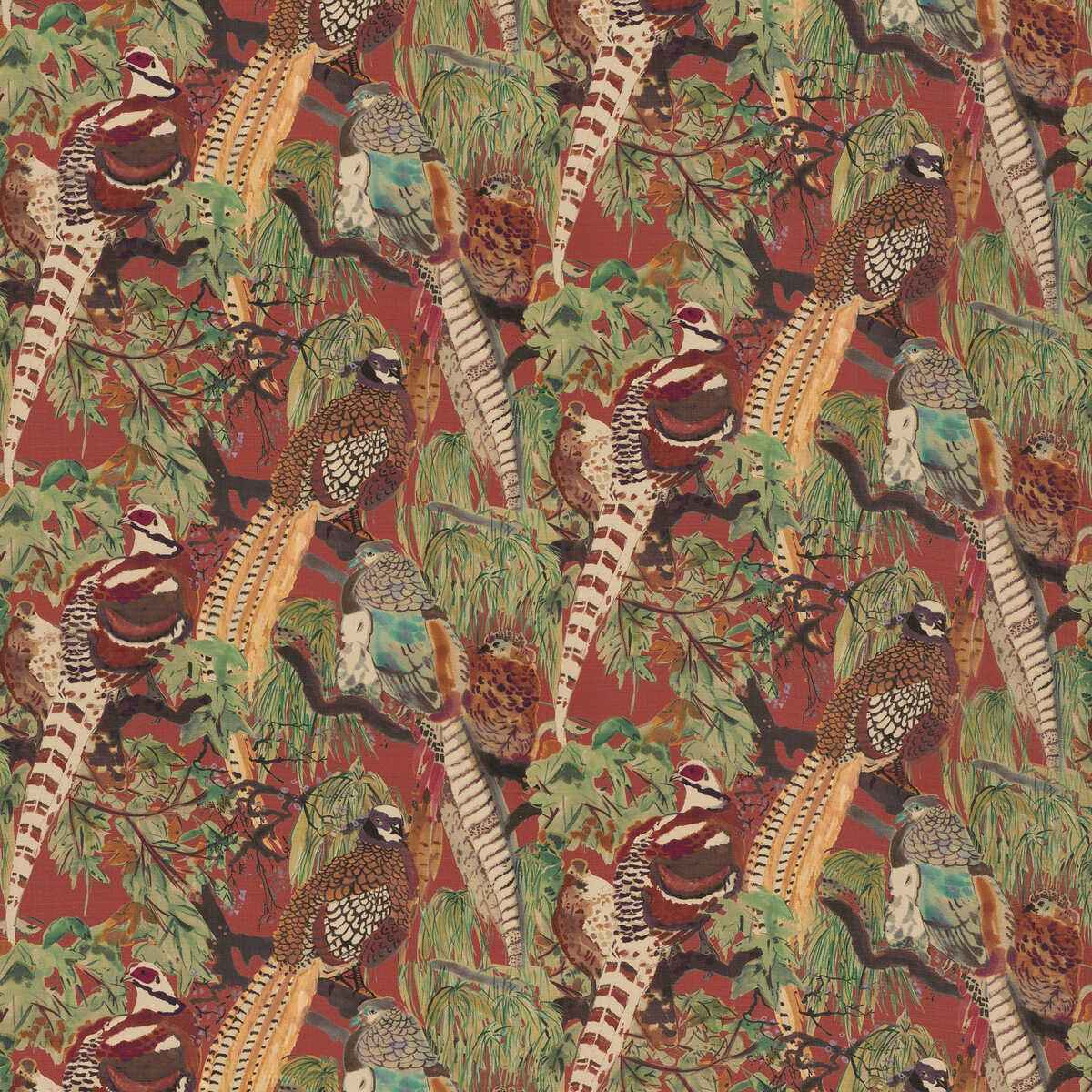 Fd269v540 Game Birds Linen Red Plum Mulberry Fabric - MULBERRY Fabric