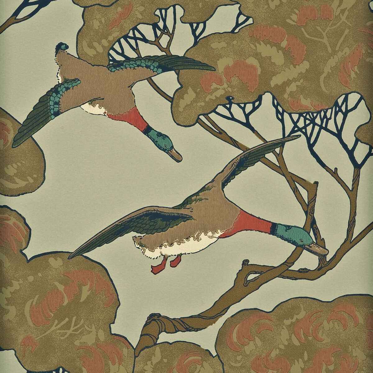 Fg066h220 Flying Ducks Sky Moss Mulberry Wallpaper - MULBERRY Wallpaper