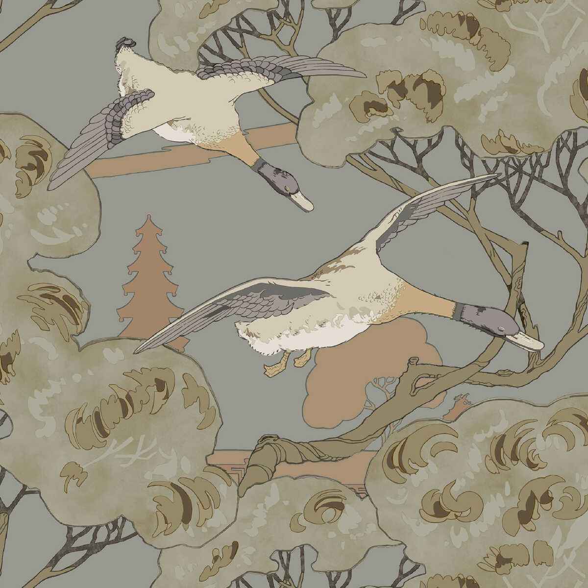 Fg102a1160 Grand Flying Ducks Grey Blue Mulberry Wallpaper
