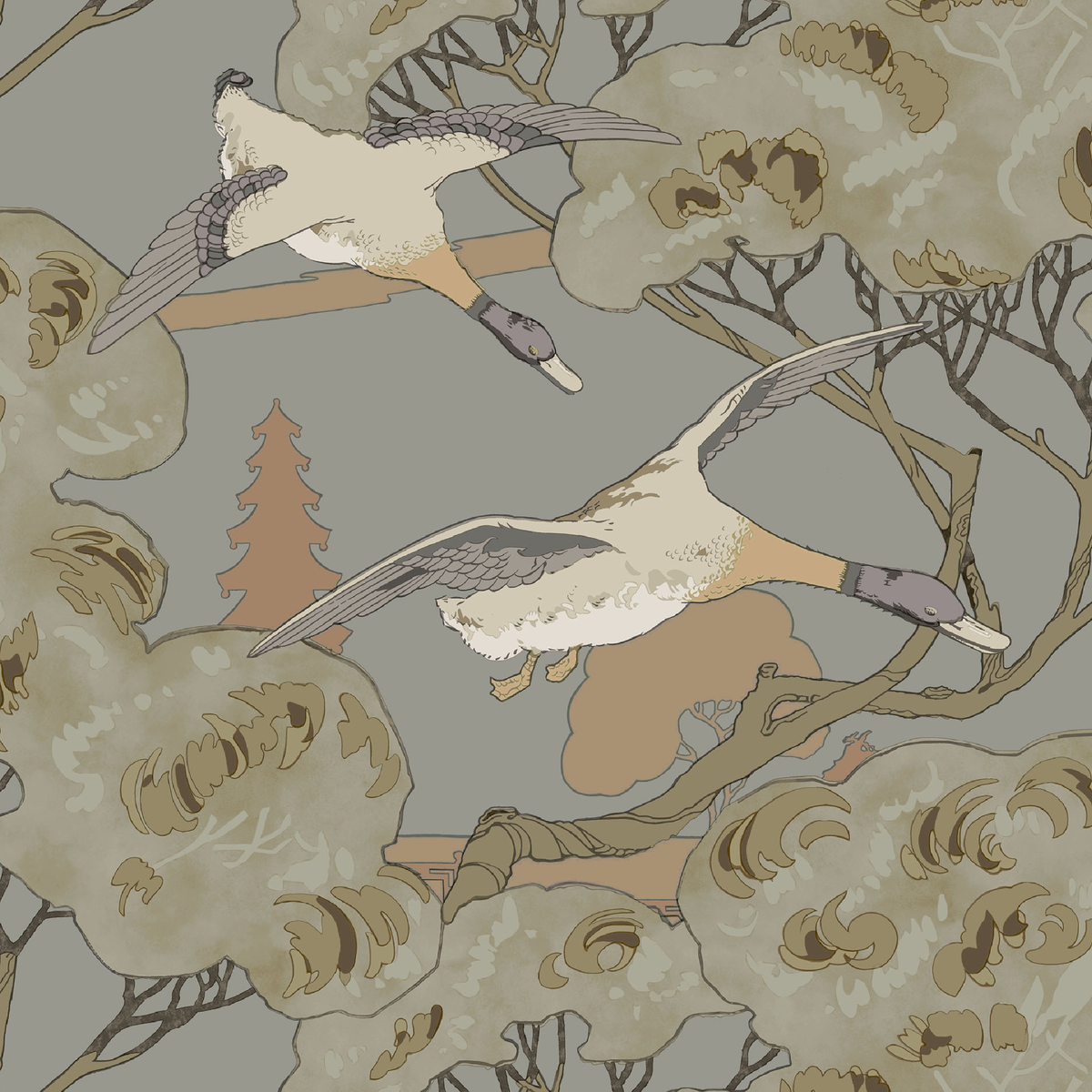 Grand Flying Ducks - Grey/Blue - Mulberry Wallpaper