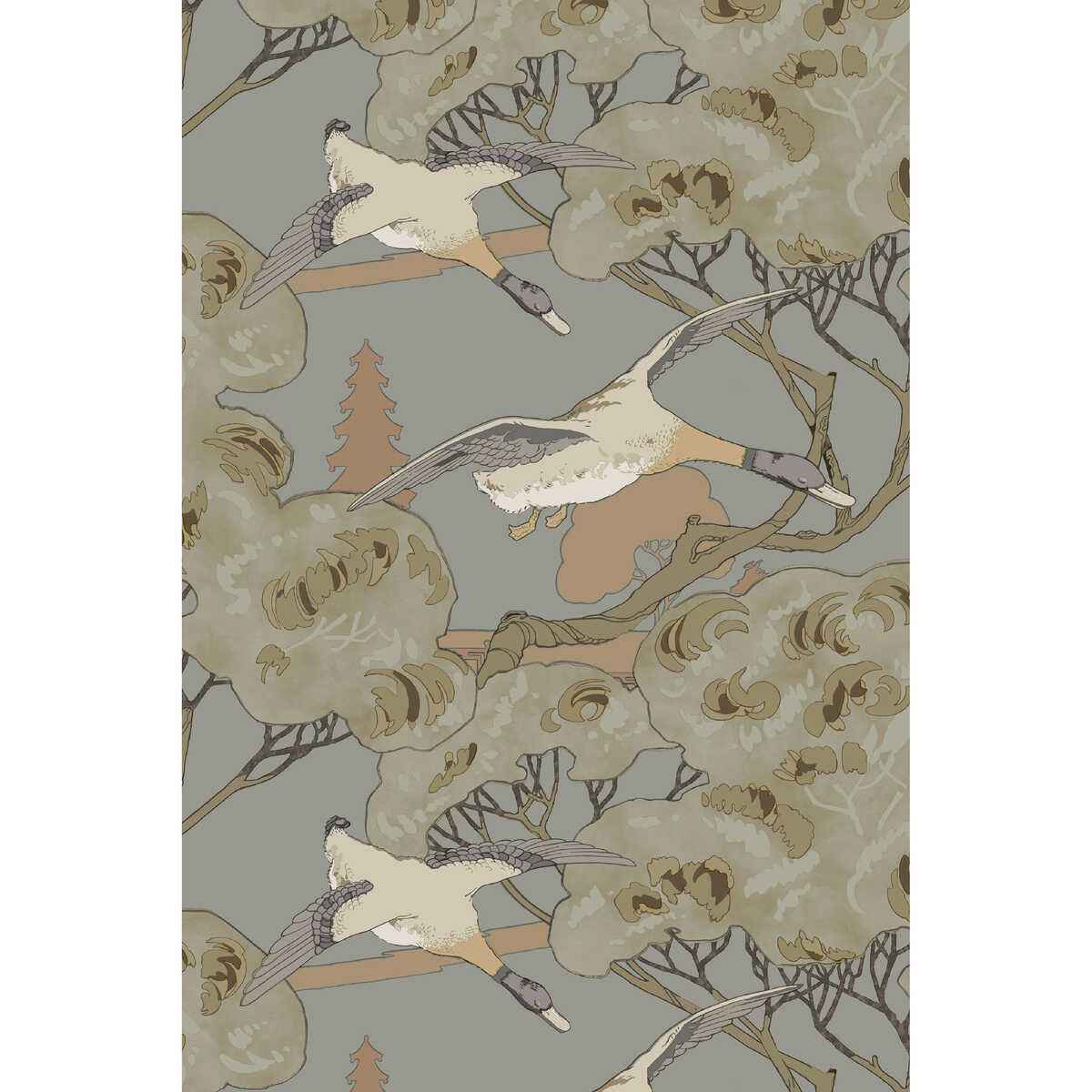 Fg102a1160 Grand Flying Ducks Grey Blue Mulberry Wallpaper - MULBERRY Wallpaper