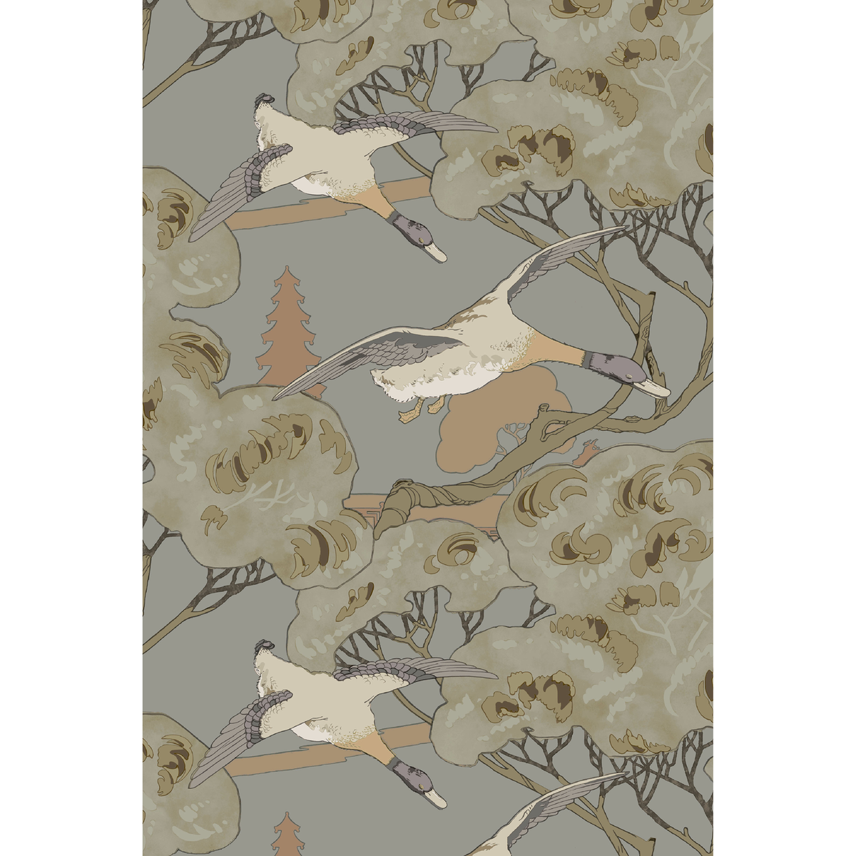Grand Flying Ducks - Grey/Blue - Mulberry Wallpaper