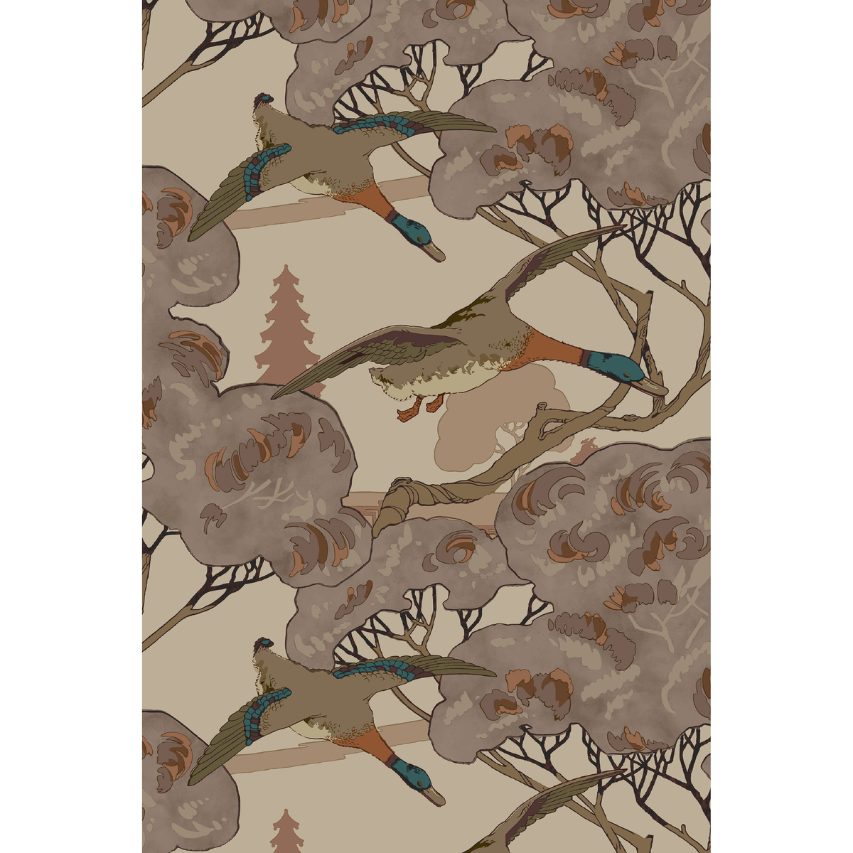 Grand Flying Ducks - Plum - Mulberry Wallpaper