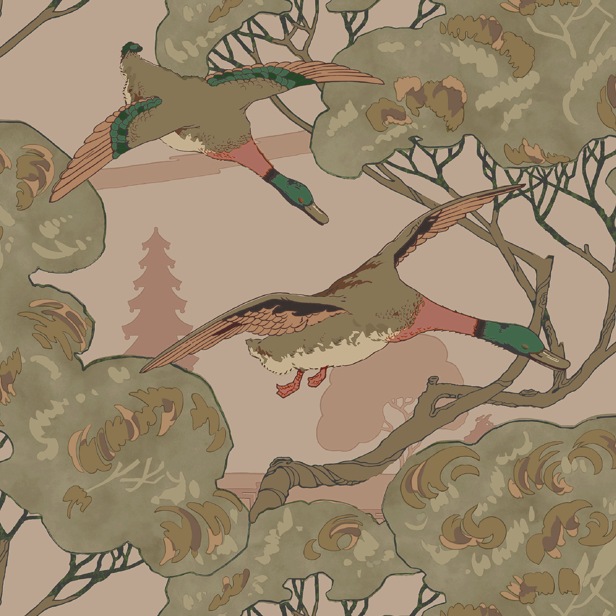 Grand Flying Ducks - Plaster - Mulberry Wallpaper