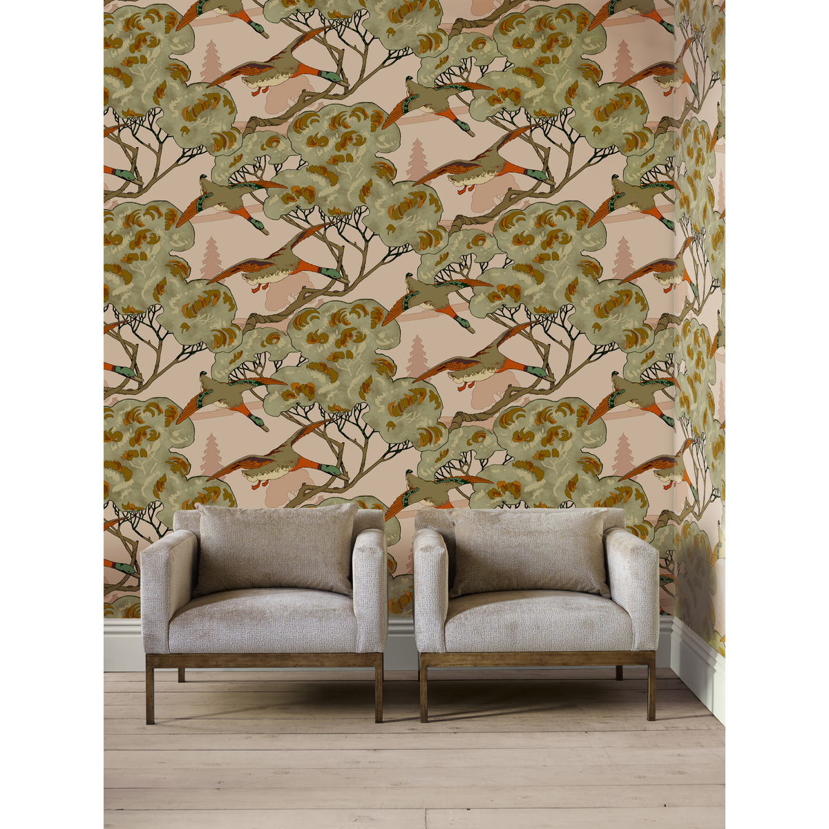 Grand Flying Ducks - Plaster - Mulberry Wallpaper