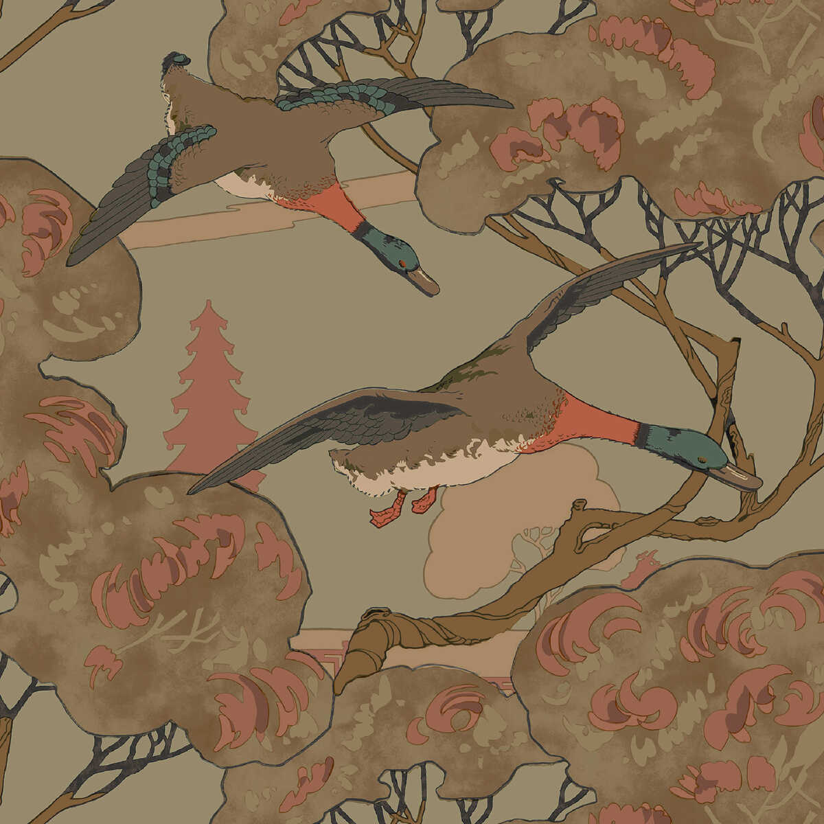 Grand Flying Ducks - Sage - MULBERRY Papel pintado