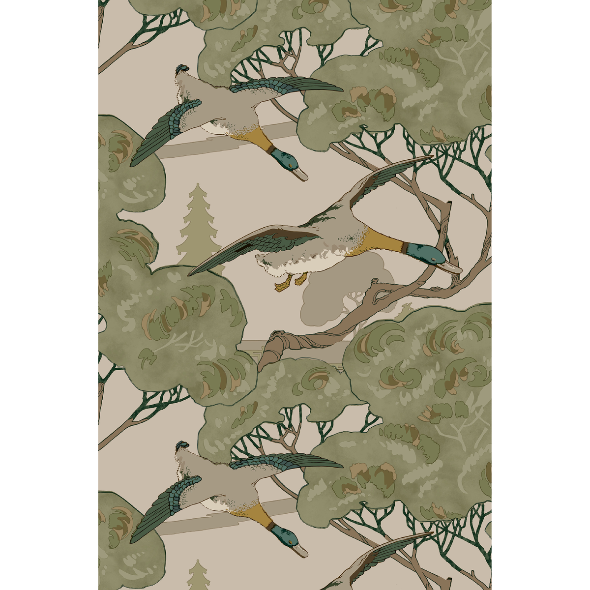 Grand Flying Ducks - Emerald - Mulberry Wallpaper