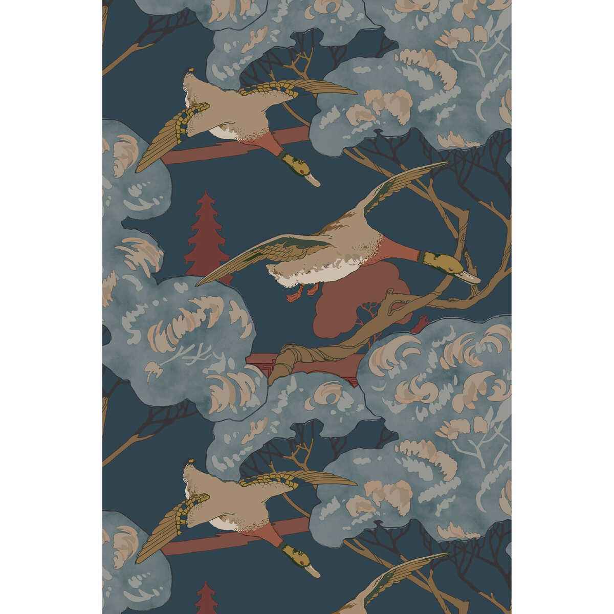 Fg102v1100 Grand Flying Ducks Red Blue Mulberry Wallpaper - MULBERRY Wallpaper