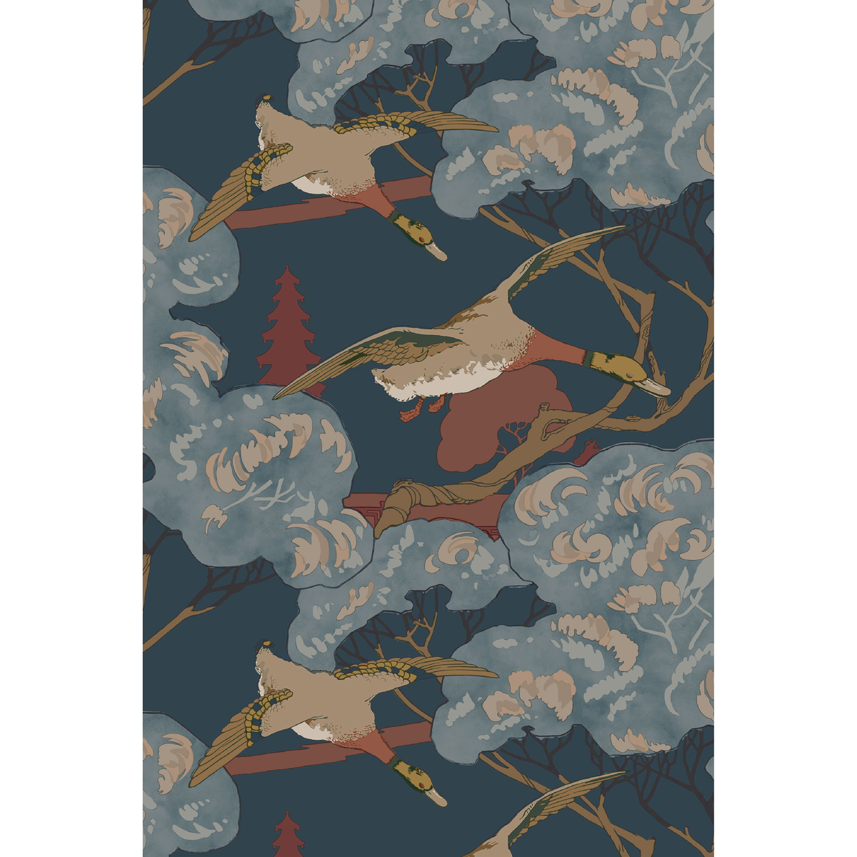Grand Flying Ducks - Red/Blue - Mulberry Wallpaper