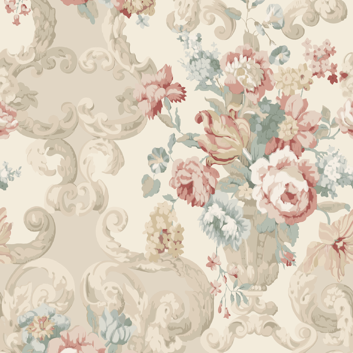 Floral Rococo - Lovat/Red - Mulberry Wallpaper