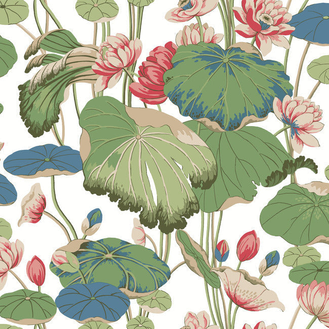 Lotus Pond Wallpaper - Cotton/Peacock - York Wallcoverings - GO8293