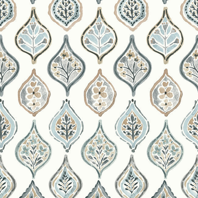 Marketplace Motif Wallpaper - White/Neutral/Blue - York Wallcoverings - MN1854