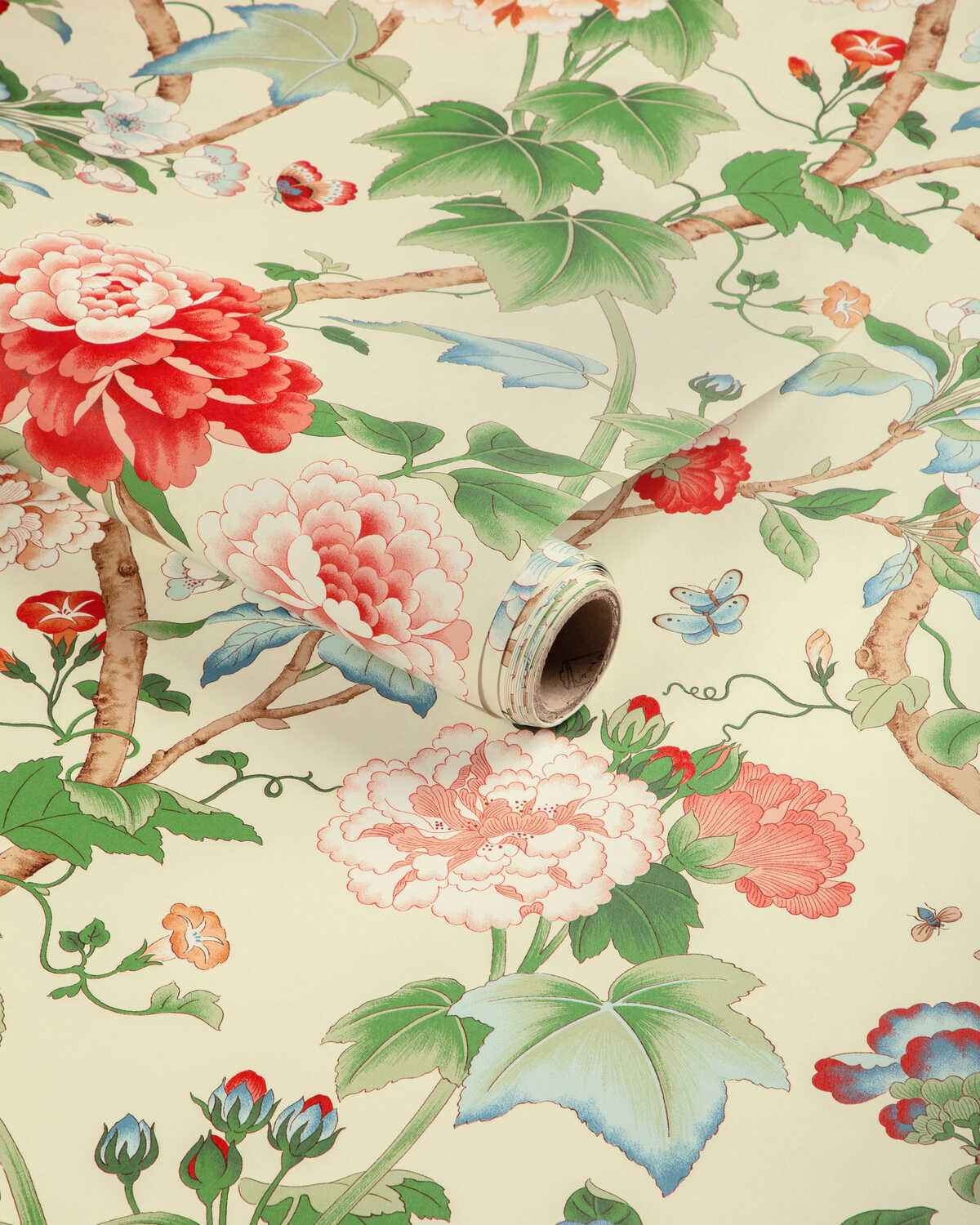 Gardenia-Paper-Red-Green-Lee-Jofa-Wallpaper - LEE JOFA Wallpaper