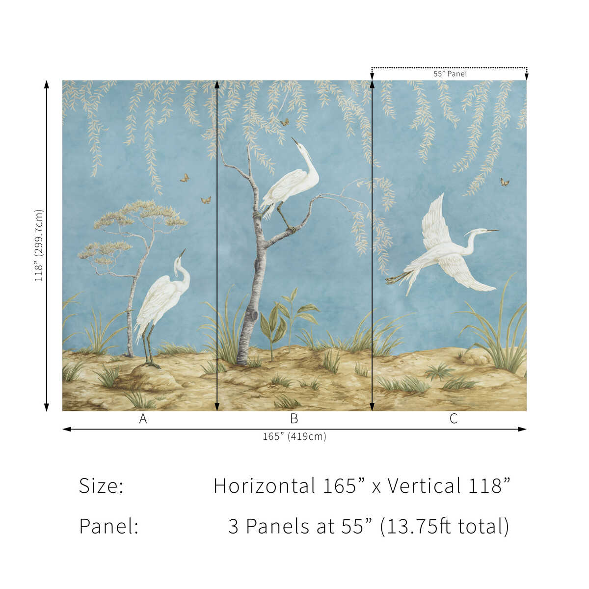 Egret Marsh Mural - Blue - BRUNSCHWIG & FILS Wallpaper