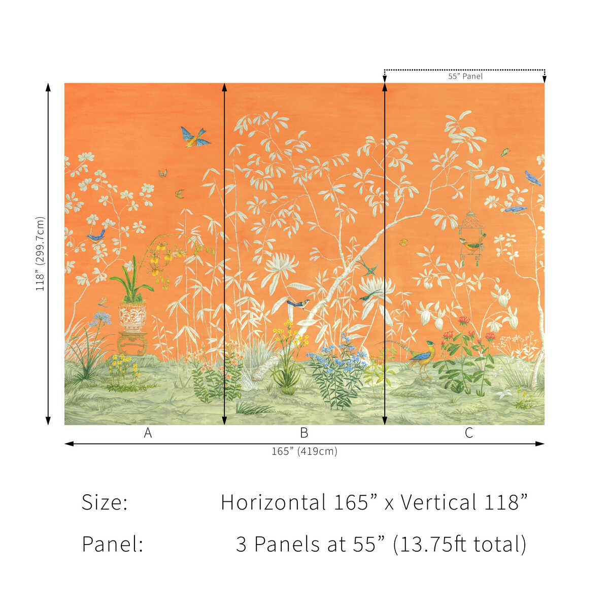 Jardin Yili Mural - Orange - BRUNSCHWIG & FILS Wallpaper