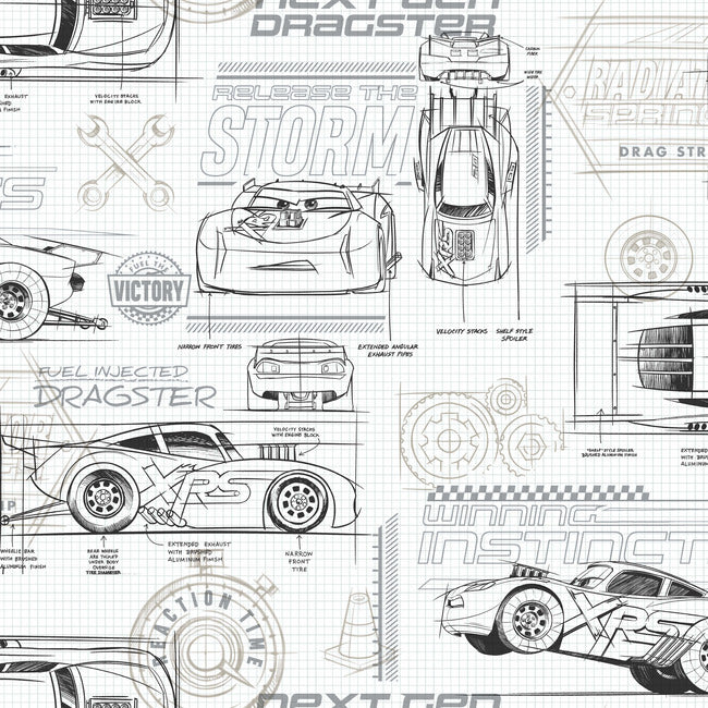 Disney and Pixar Cars Schematic Peel and Stick Wallpaper - Grey - York Wallcoverings - RMK11804WP