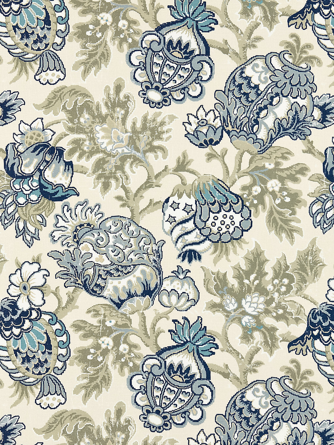 Canterbury Linen Print - Oyster & Indigo - Scalamandre Fabric