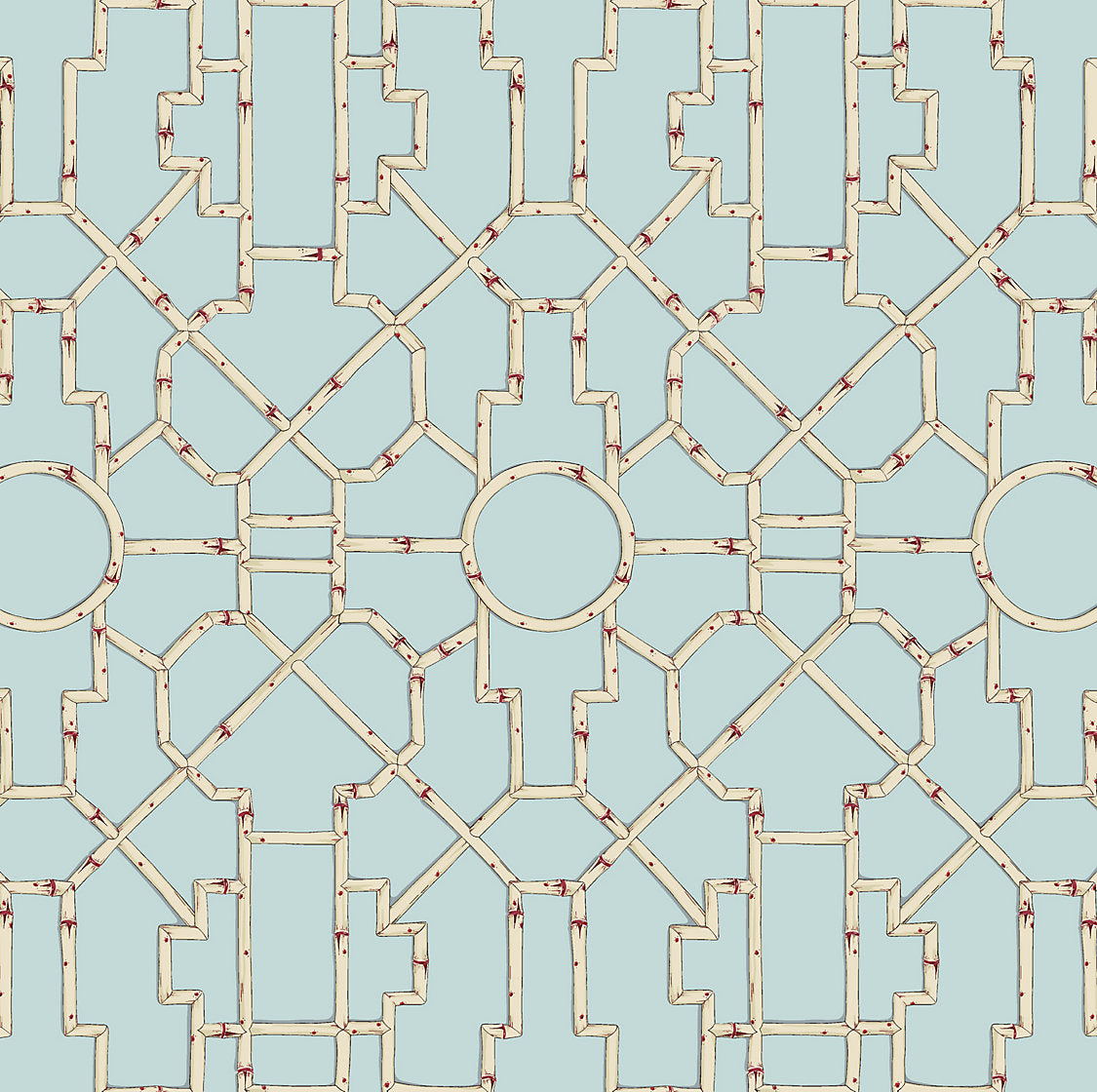 Baldwin Bamboo - Cream & Red On Aqua - Scalamandre Wallpaper