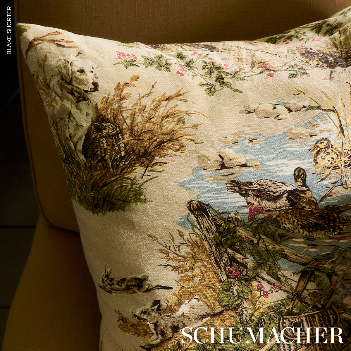 Schumacher Dog & Duck Pillow pillow in Alabaster, 22" x 22" view 3 - Schumacher Pillow