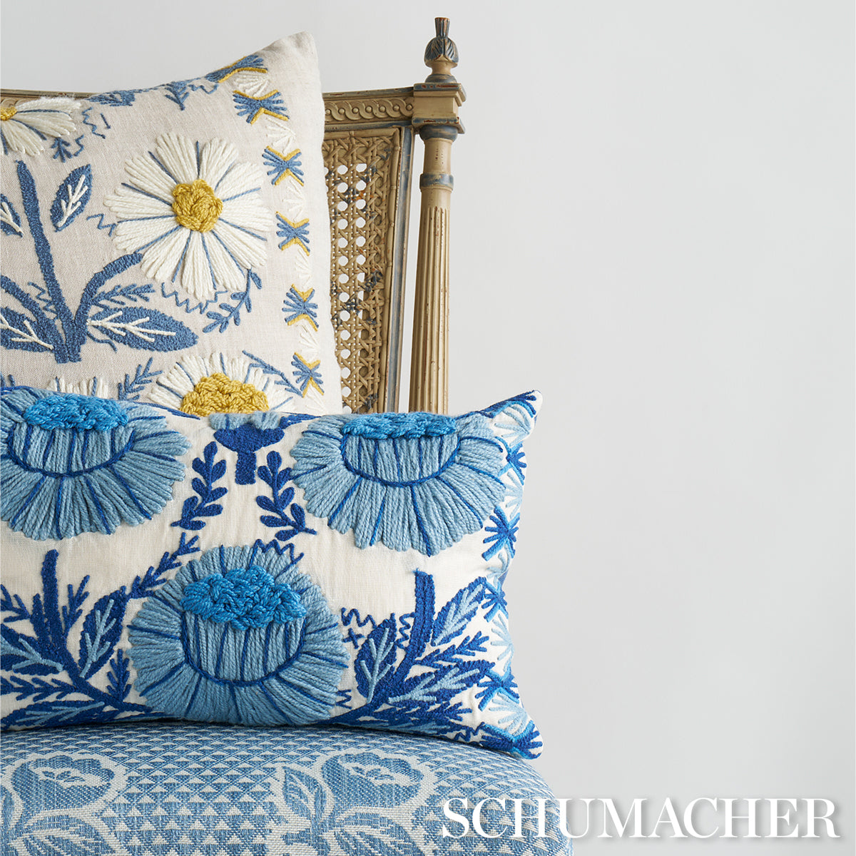 Schumacher Marguerite Embroidery Pillow pillow in Blue & Ochre, 20" x 20" view 5 - Schumacher Pillow