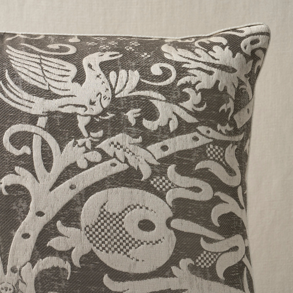 Schumacher Dougal Damask Pillow pillow in Smoke, 22" x 22" view 2 - Schumacher Pillow