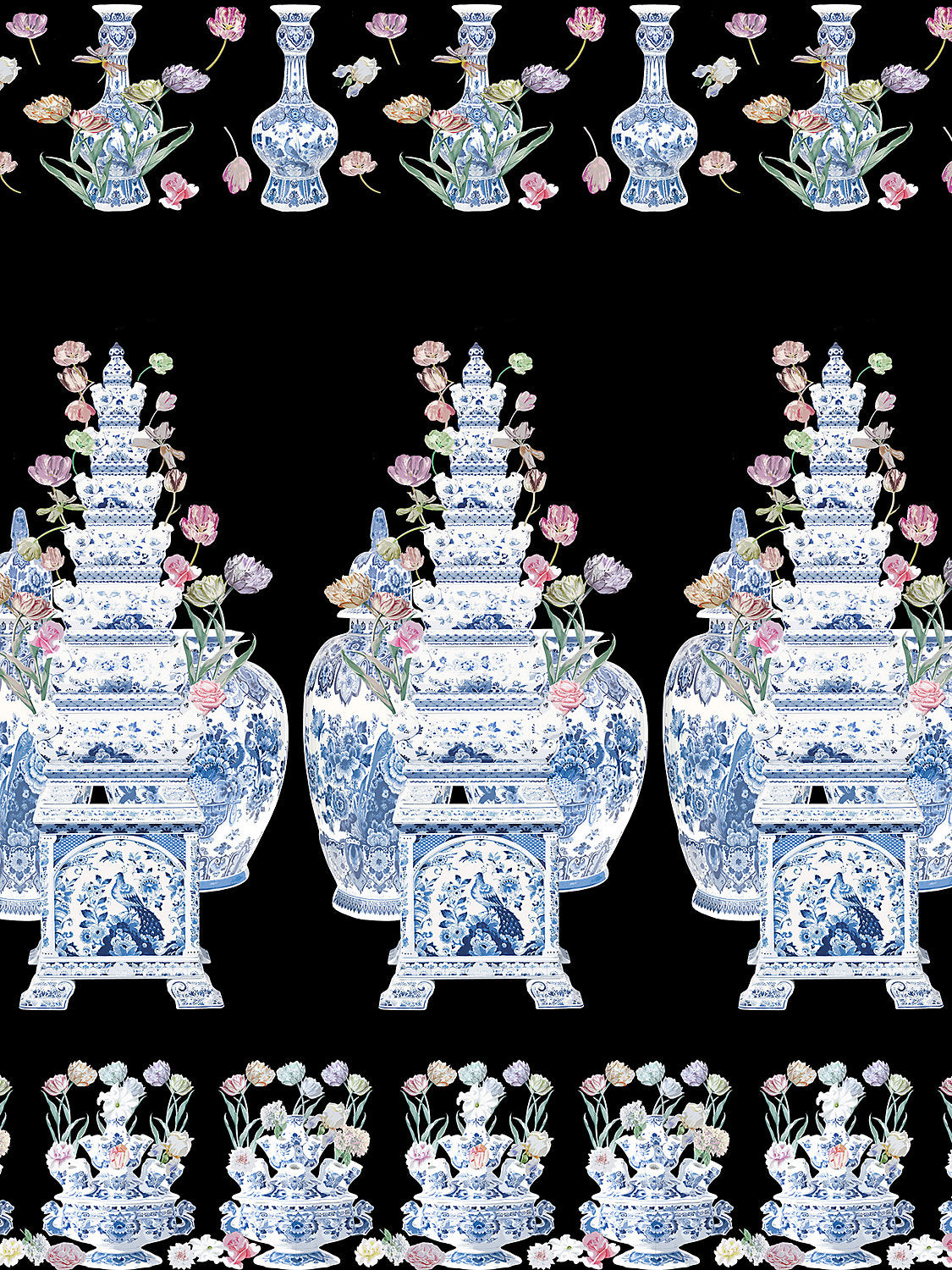 Tulipiere Flowers | Panel - Black - Scalamandre Wallpaper