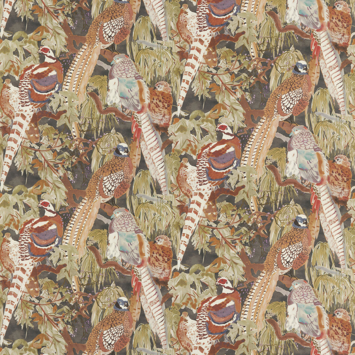 Game Birds Linen - Charcoal - FD305.A101.0 - Mulberry Fabric - Mulberry Fabric