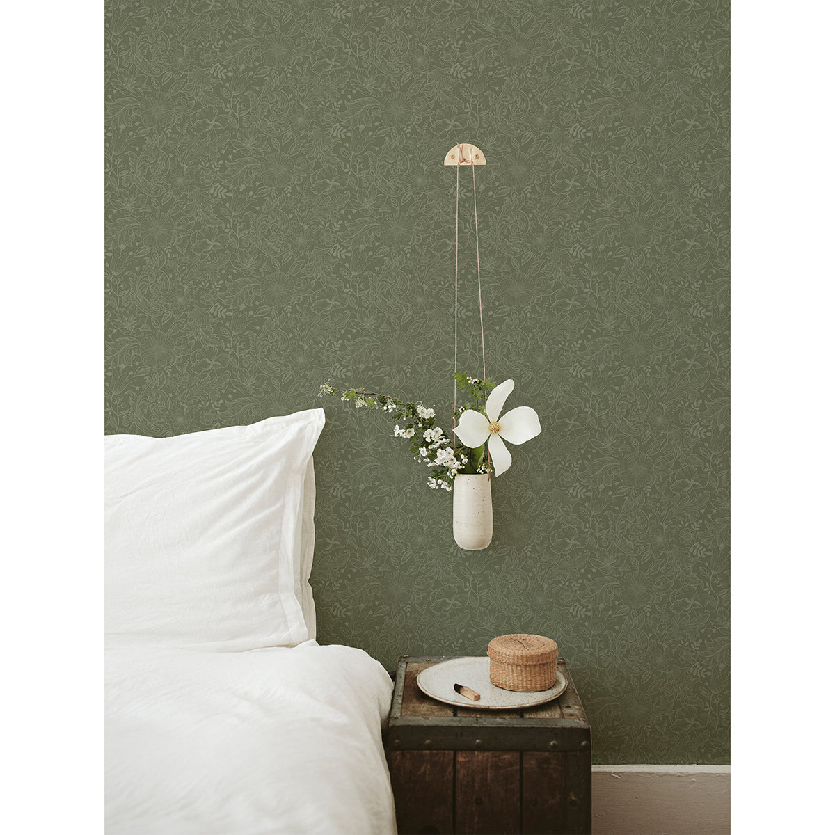 Wilma Green Floral Block Print Wallpaper - Brewster Wallcovering
