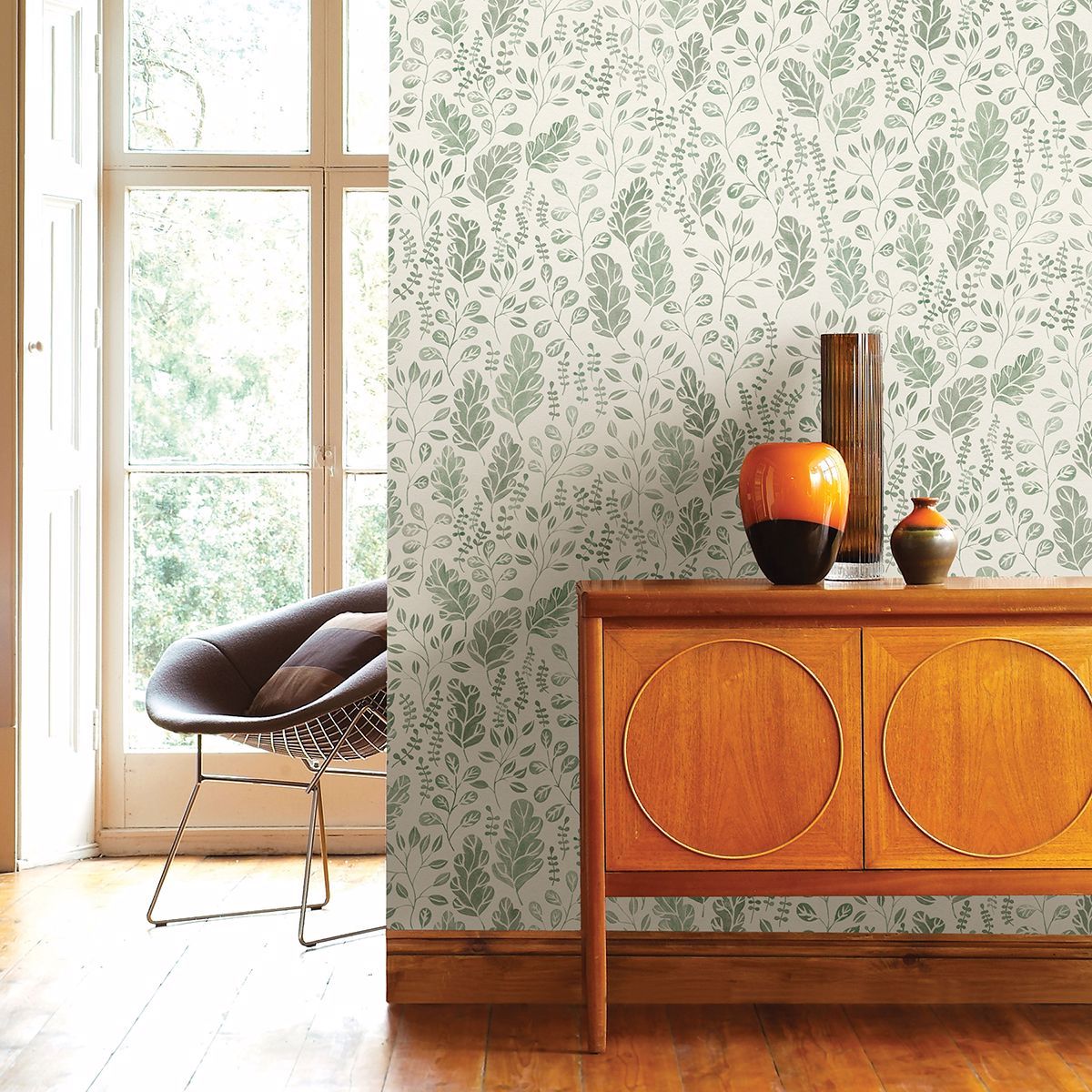 Isha Green Leaf Wallpaper - Brewster Wallcovering