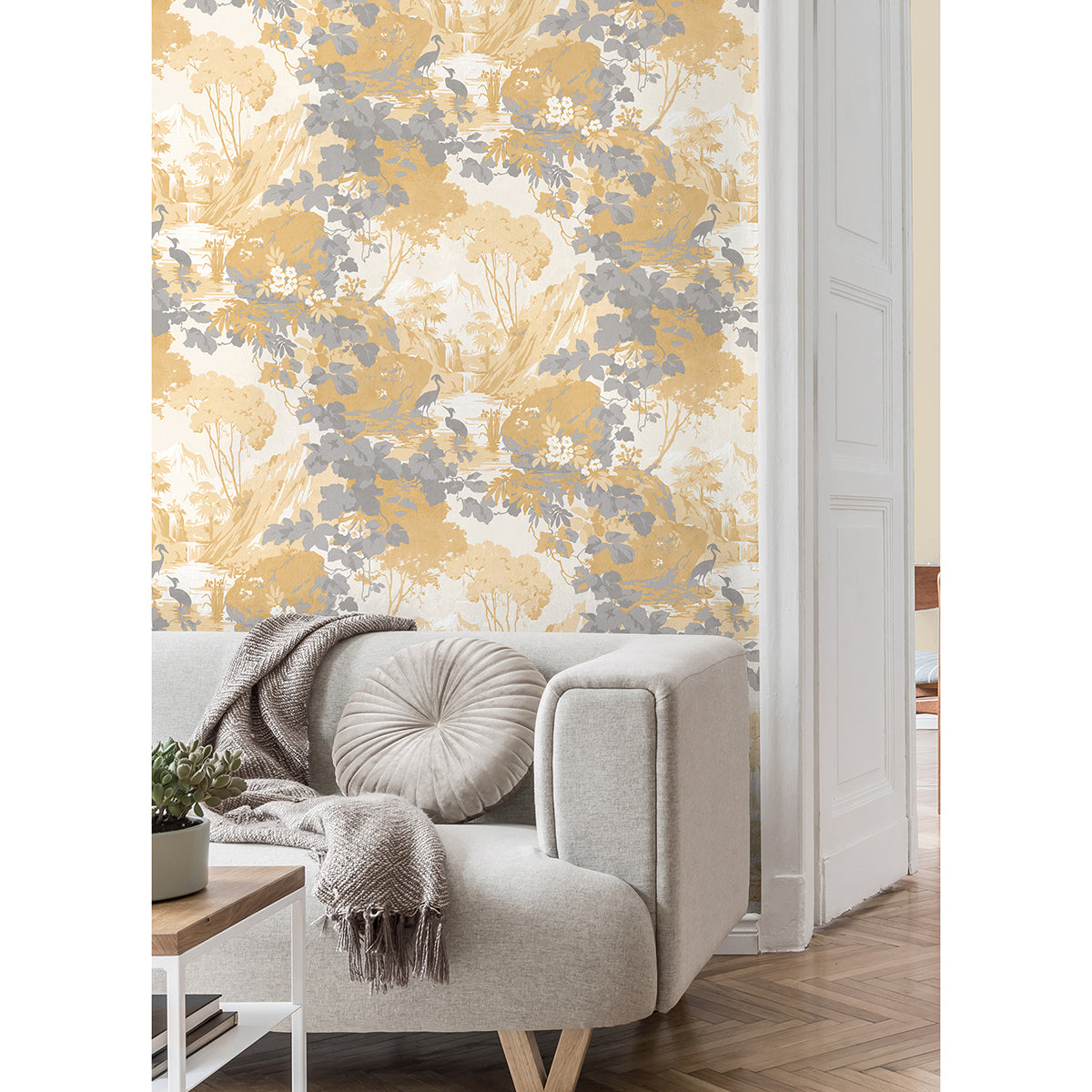 Eden Mustard Crane Lagoon Wallpaper - Brewster Wallcovering