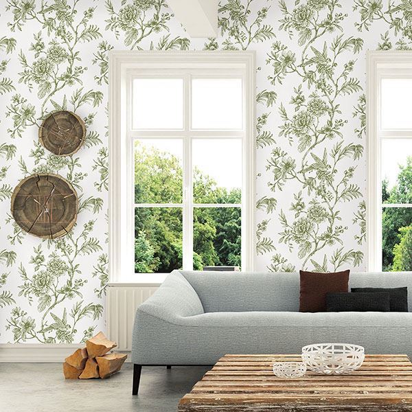 Jessamine Green Floral Trail Wallpaper - Brewster Wallcovering