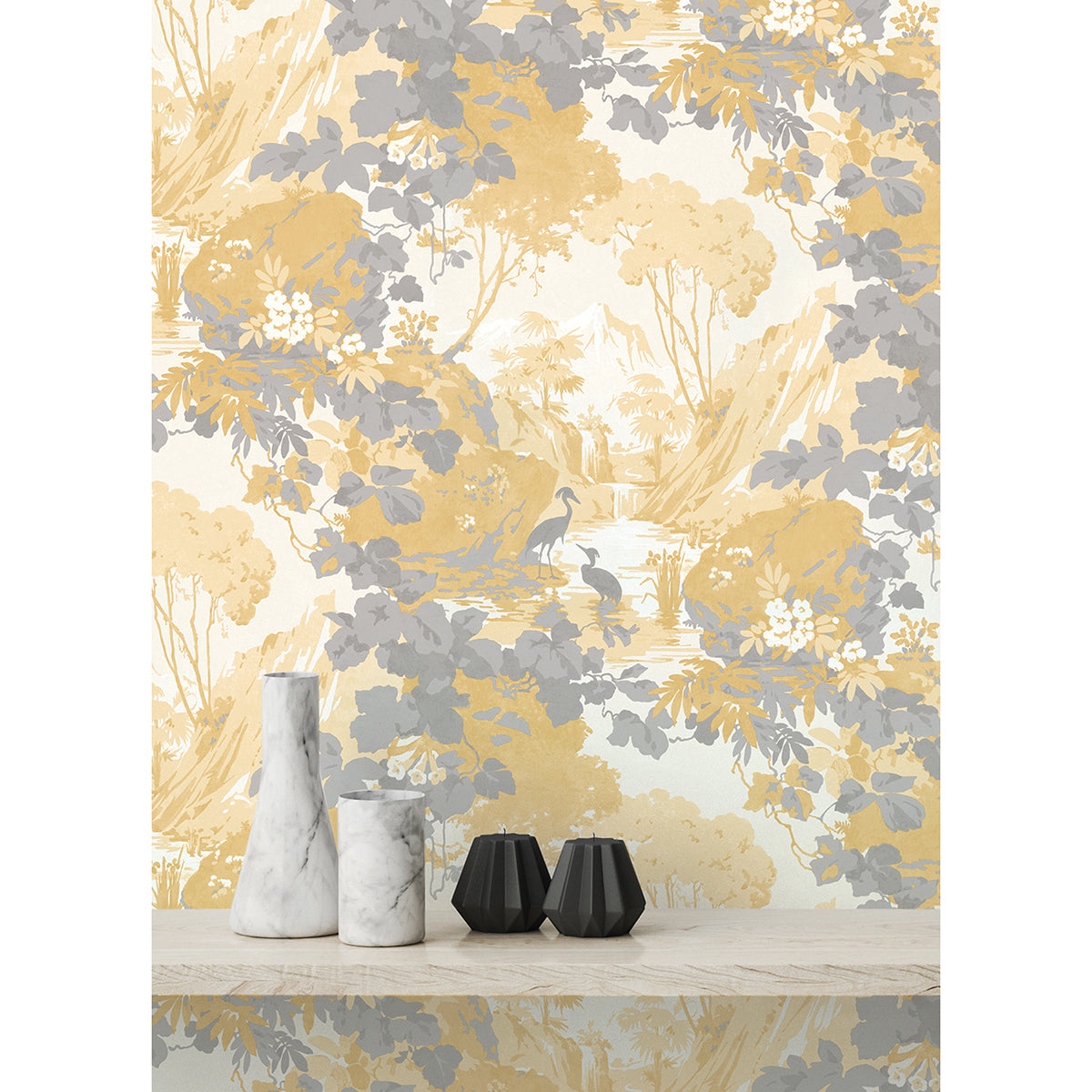 Eden Mustard Crane Lagoon Wallpaper - Brewster Wallcovering