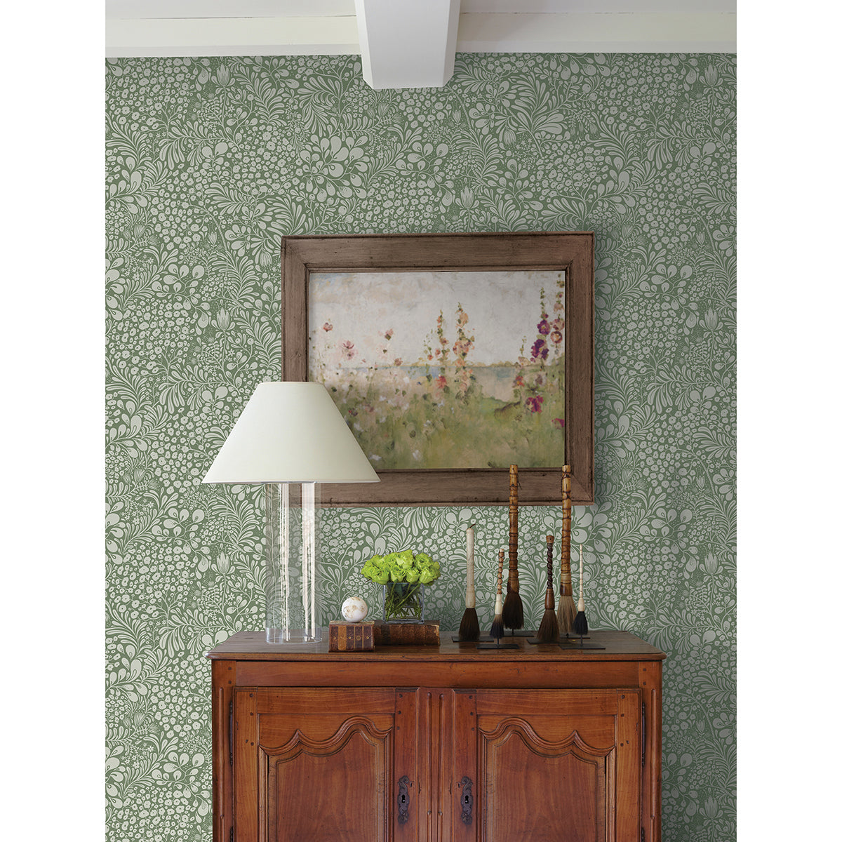 Siv Dark Green Botanical Wallpaper - Brewster Wallcovering