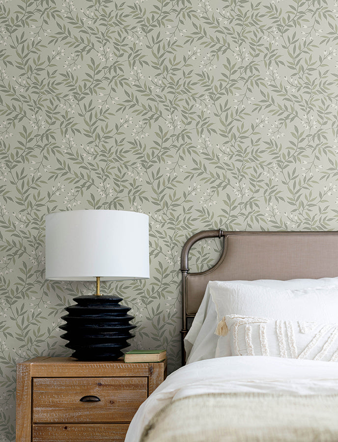 Senna Green Budding Vines Wallpaper - Brewster Wallcovering