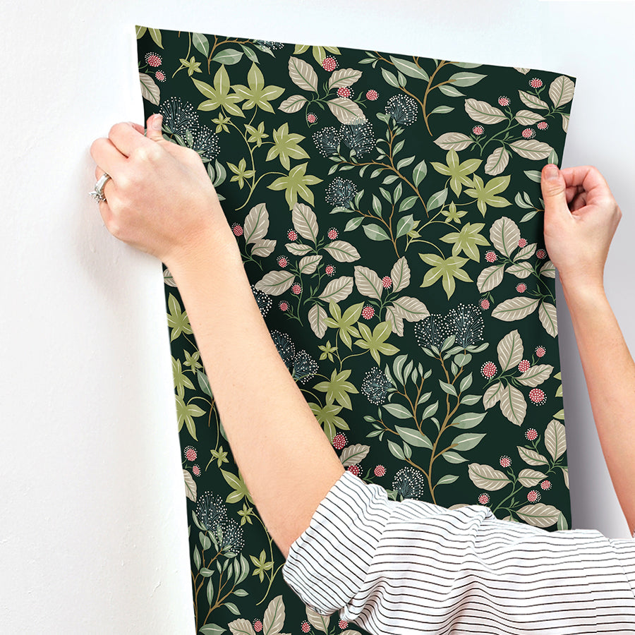Mildred Evergreen Botanical Trail Wallpaper - Brewster Wallcovering
