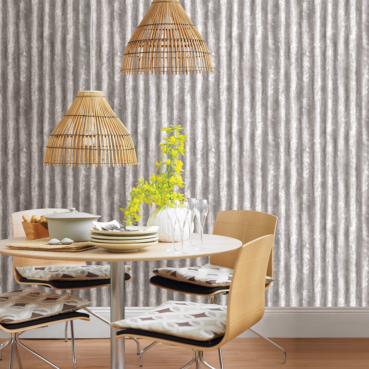 Kirkland Silver Corrugated Metal Wallpaper - Brewster Wallcovering