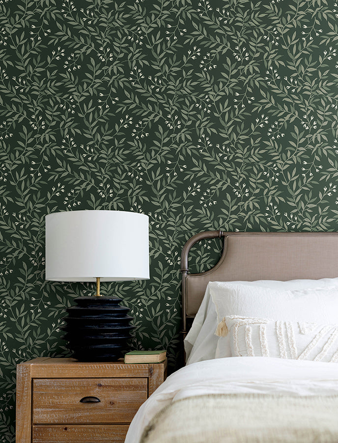 Senna Evergreen Budding Vines Wallpaper - Brewster Wallcovering