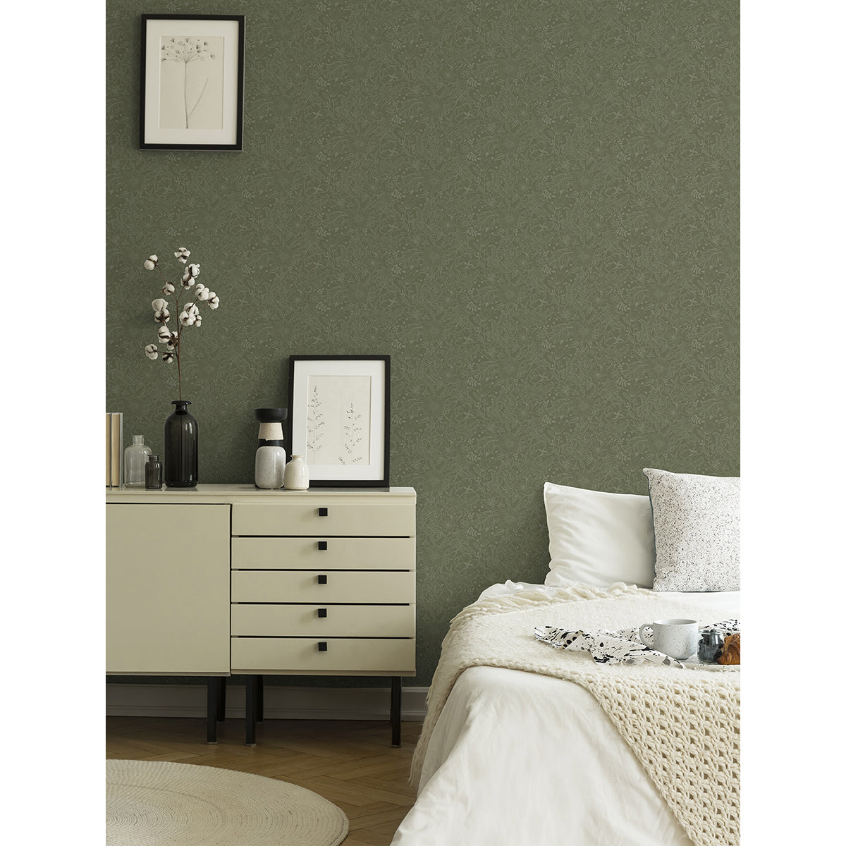 Wilma Green Floral Block Print Wallpaper - Brewster Wallcovering