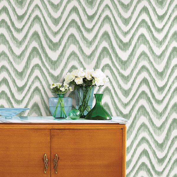 Bargello Green Faux Grasscloth Wave Wallpaper - Brewster Wallcovering