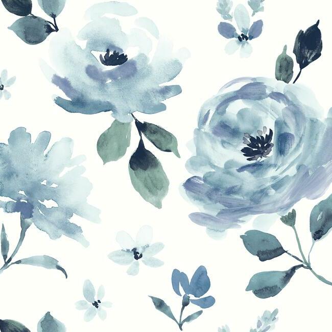 Watercolor Blooms Premium Peel + Stick Wallpaper - Blue - York Wallcoverings - PSW1074RL