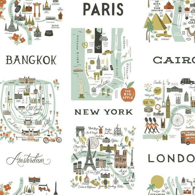 City Maps Premium Peel + Stick Wallpaper - Mint - York Wallcoverings - PSW1195RL
