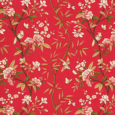 G P & J Baker Fabric R1368.1 Peony & Blossom Red/Moss - G P & J BAKER Fabric
