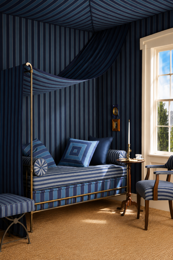 Two-tone designer fabric and wallpaper patterns in black, white, blue, green and neutral colorways