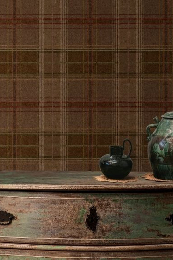 Mulberry Home Garden Party Plaid Wallpaper – Luxury British plaid wallpaper in warm brown, olive green and earthy tones with antique furniture and decorative ceramics.