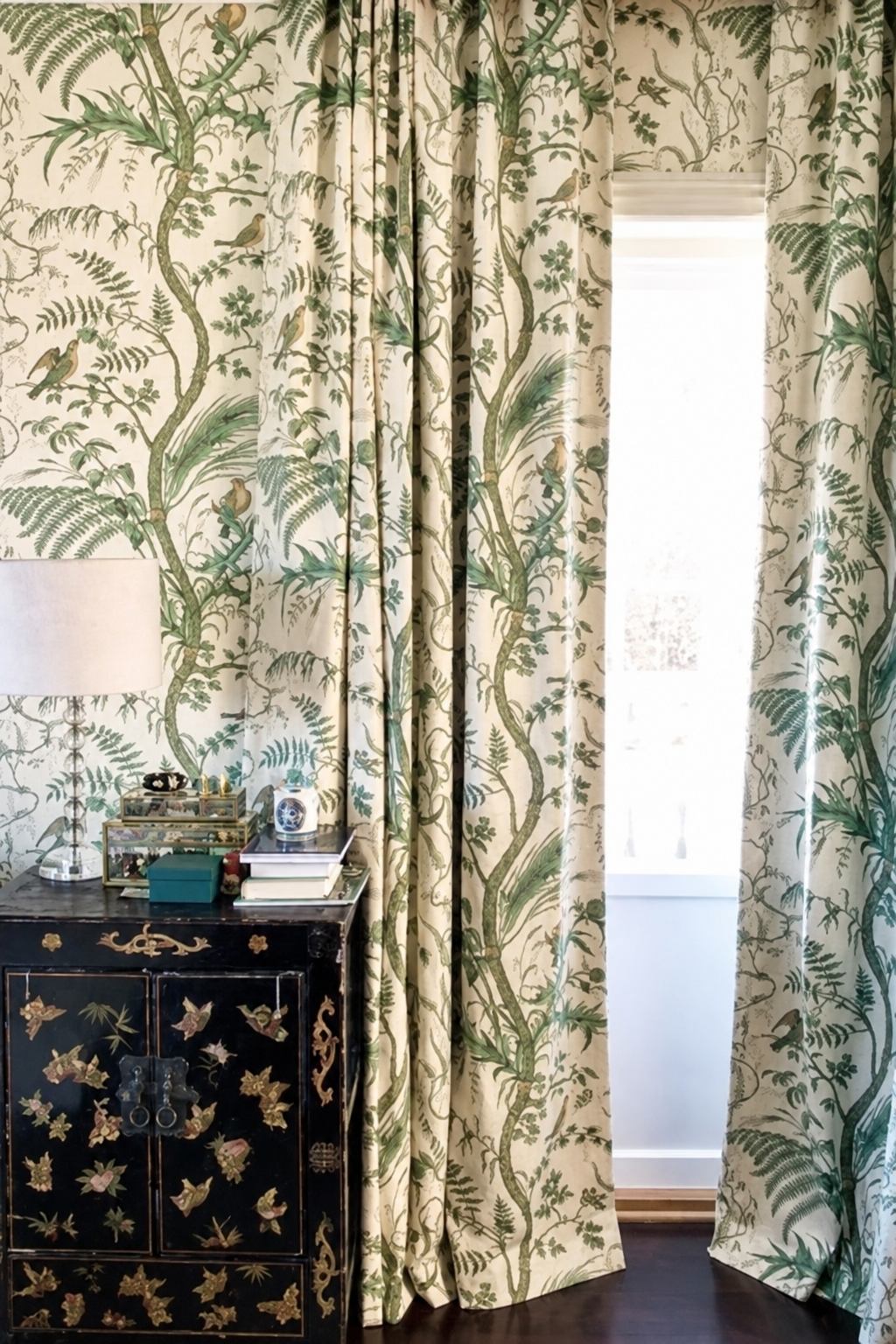 Brunschwig and Fils Bird and Thistle fabric and wallpaper in a layered botanical interior