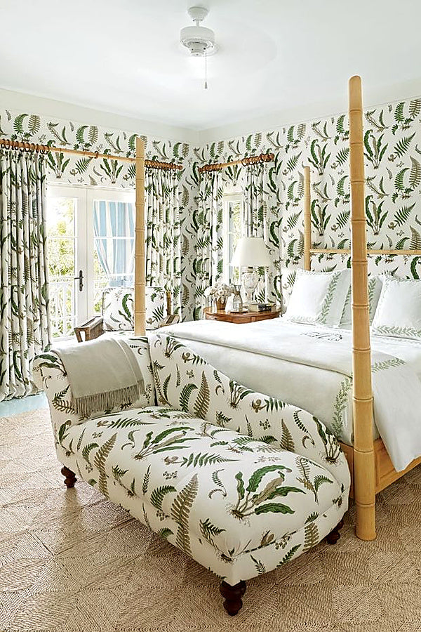 Schumacher Les Fougeres Bedroom  Elegant bedroom featuring Schumacher Les Fougeres botanical wallpaper with green fern motifs, coordinated bedding, and classic interiors inspired by Elsie de Wolfe.