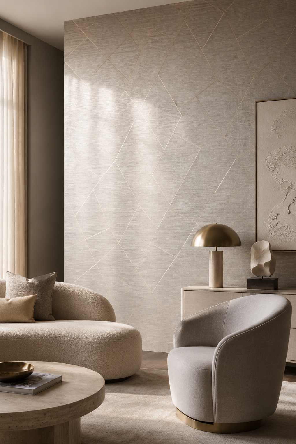 Luxury Winfield-inspired wallcovering in an elegant neutral living room with subtle metallic geometric detailing, curved seating, and warm natural light.