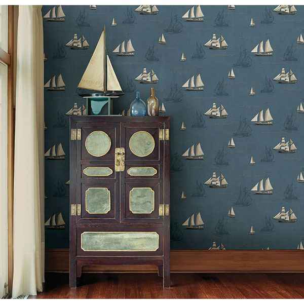 Andrew Blue Ships Wallpaper - York Wallcoverings - MAN01701 - York Wallcoverings Wallpaper